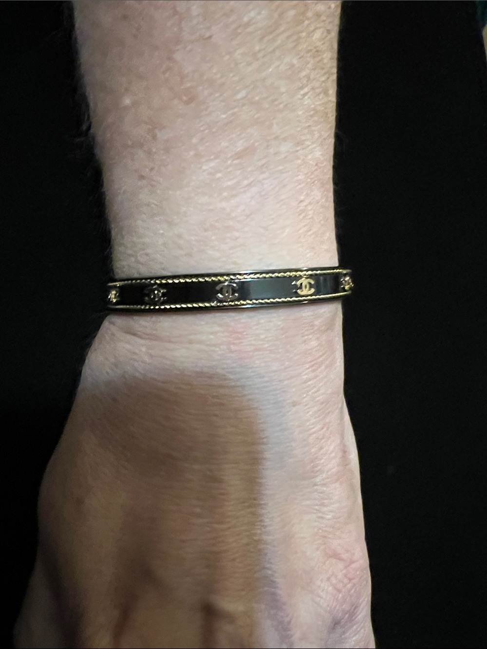 Designer Inspired Black Enamel and Gold CC Motif Hinged Bangle